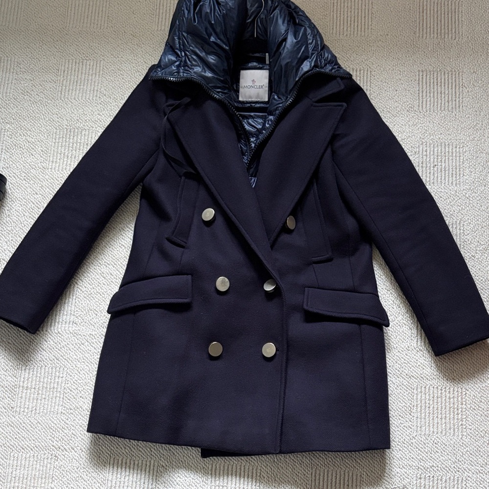 Moncler Navy Double-Breasted Pea Coat with removable down interior and Hood
